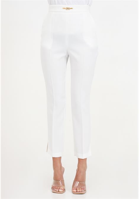 Straight white women's trousers in stretch crepe with horsebit ELISABETTA FRANCHI | PA02341E2360